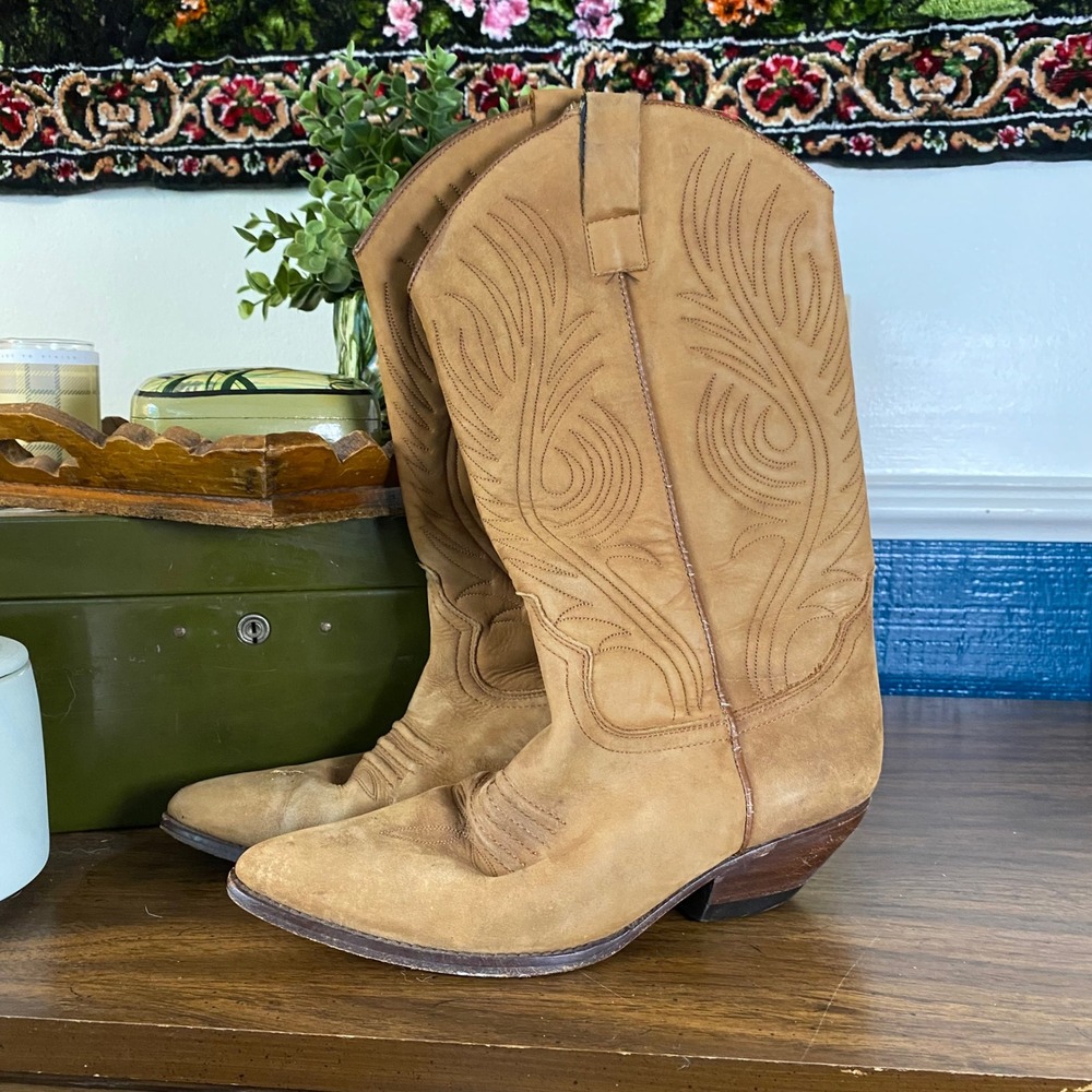 Guess Vintage Cowboy Boots Tan Leather Western Pointed Toe Womens 8